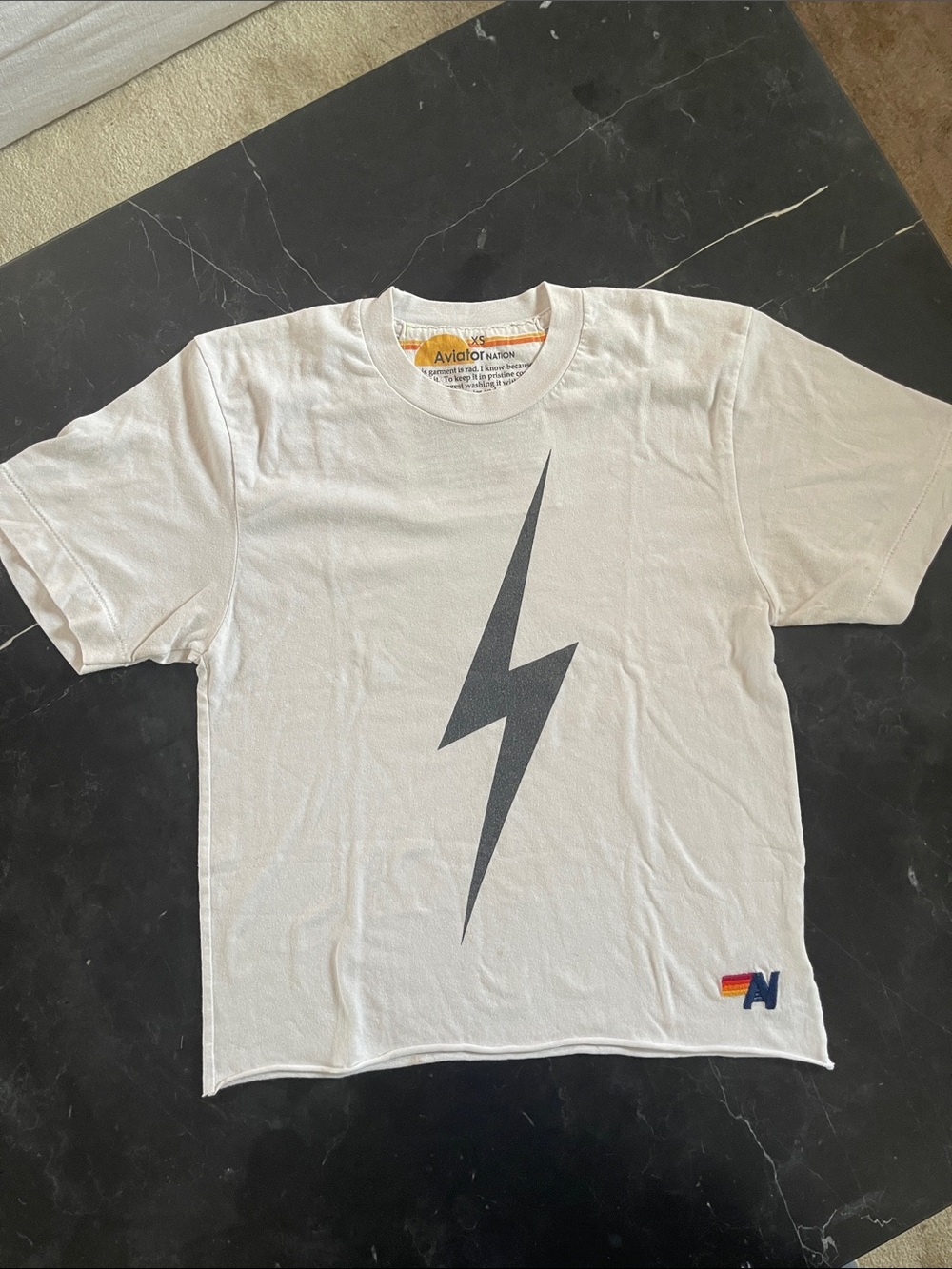 Aviator Nation White Tee with Gray Lightning Bolt